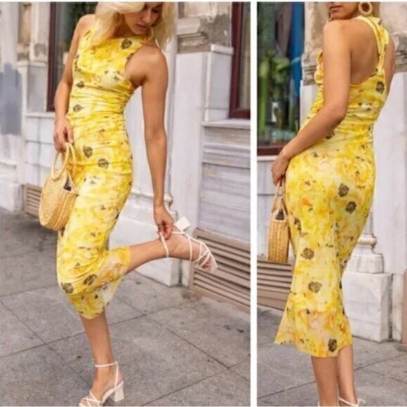 Zara Mesh Lined Open Twist Back Floral Yellow Maxi Dress Sleeveless Size M, New - Picture 1 of 14